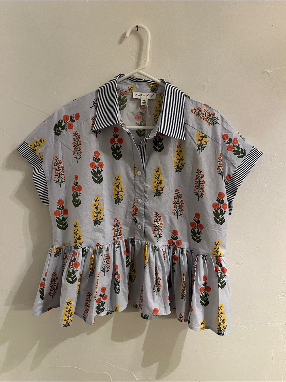 She + Sky Light Blue Floral Peplum Button-Up Top with Striped Collar